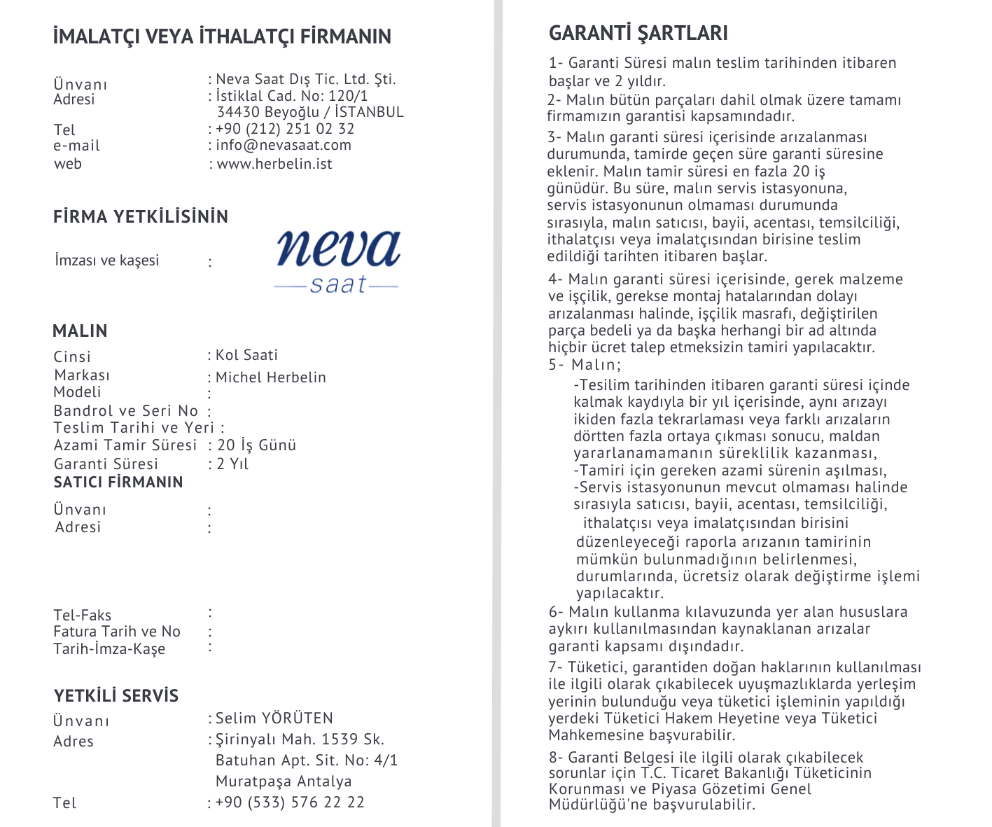 Herbelin Garanti Belgesi